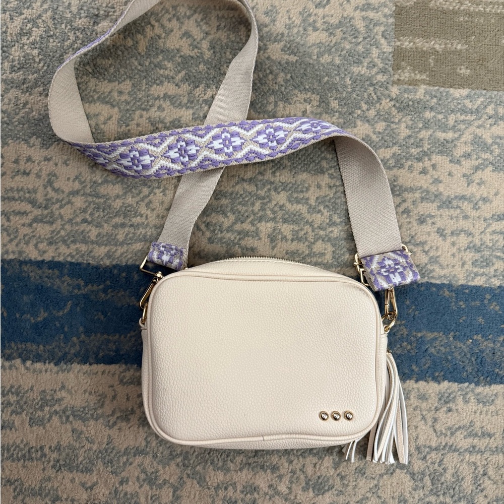White Crossbody Bag with Patterned Strap